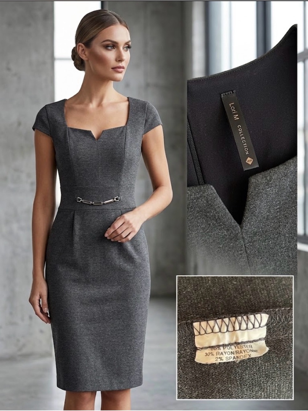 Lori M Collection Charcoal Grey Sweetheart Cap Sleeve Sheath Dress Waist Accent